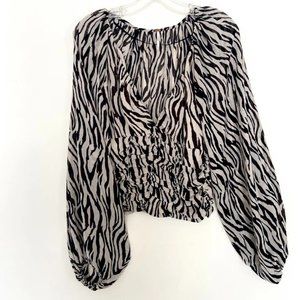 NWOT Free People Balloon Sleeve Ruched V-Neck Blouse in Zebra Print
